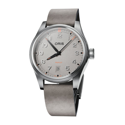 gray dial and leather strap oris propilot watch