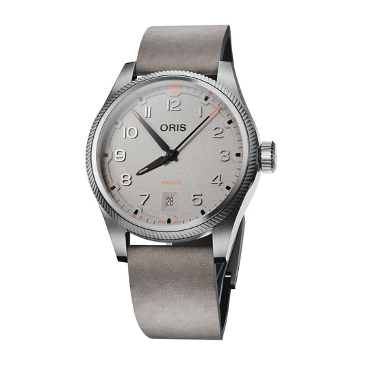 gray dial and leather strap oris propilot watch