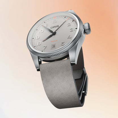 gray dial and leather strap oris propilot watch