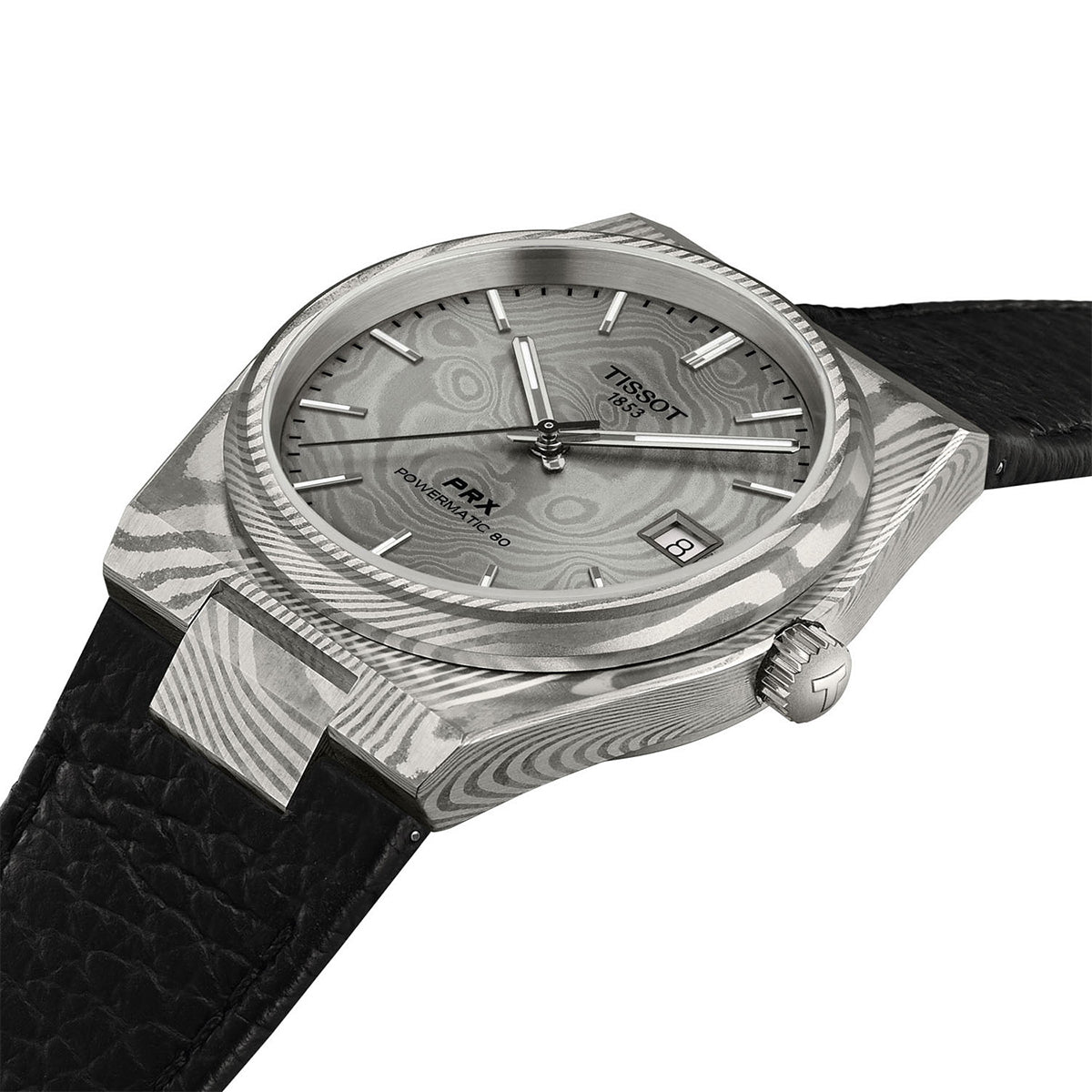 Tissot Damascus Automatic Stainless Steel Watch with Grey Dial & Black Leather Strap