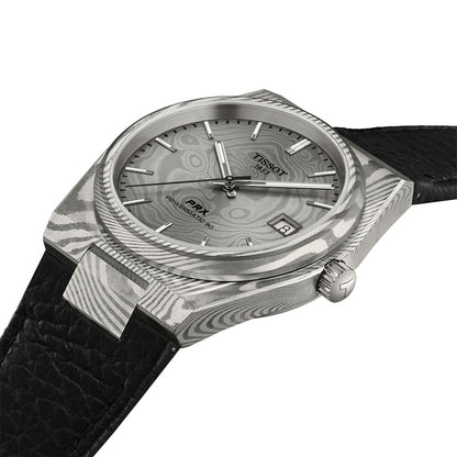 Tissot Damascus Automatic Stainless Steel Watch with Grey Dial & Black Leather Strap