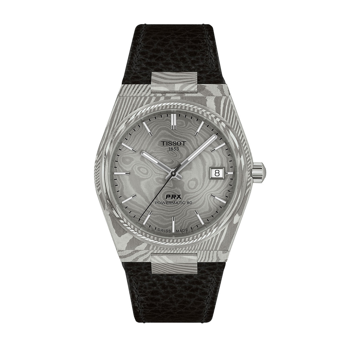 Tissot Damascus Automatic Stainless Steel Watch with Grey Dial & Black Leather Strap