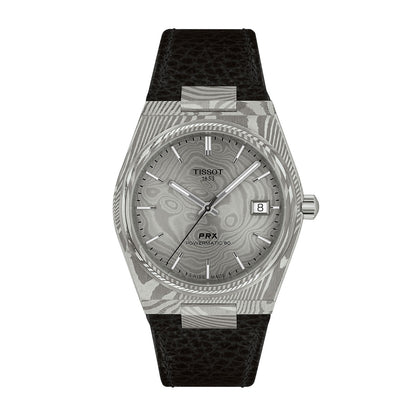 Tissot Damascus Automatic Stainless Steel Watch with Grey Dial & Black Leather Strap