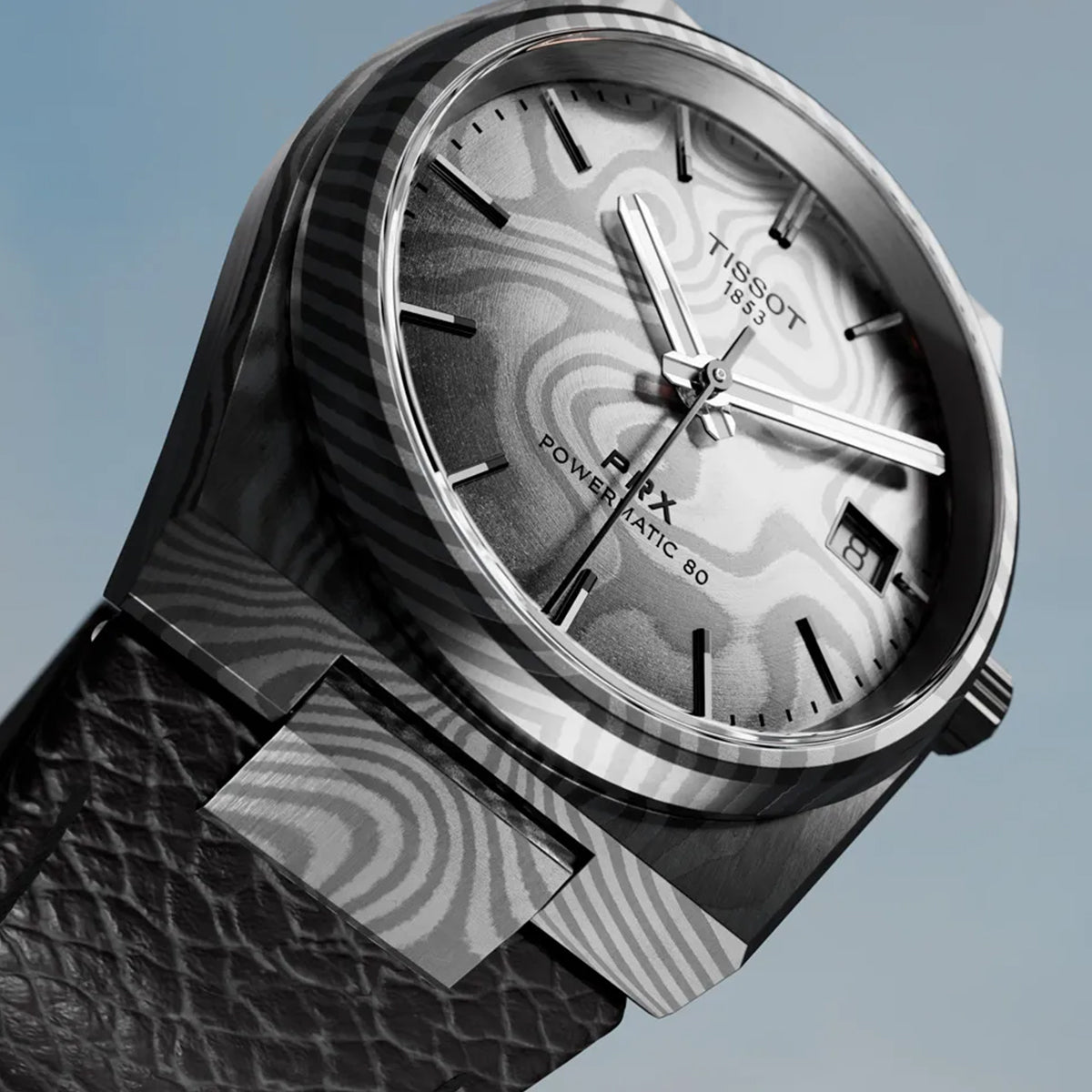 Tissot Damascus Automatic Stainless Steel Watch with Grey Dial & Black Leather Strap