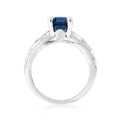 Square Yogo Sapphire & 5/8 ct. tw. Diamond Scalloped Ring in 14K White Gold close-up detail