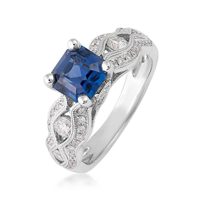 Square Yogo Sapphire & 5/8 ct. tw. Diamond Scalloped Ring in 14K White Gold front view