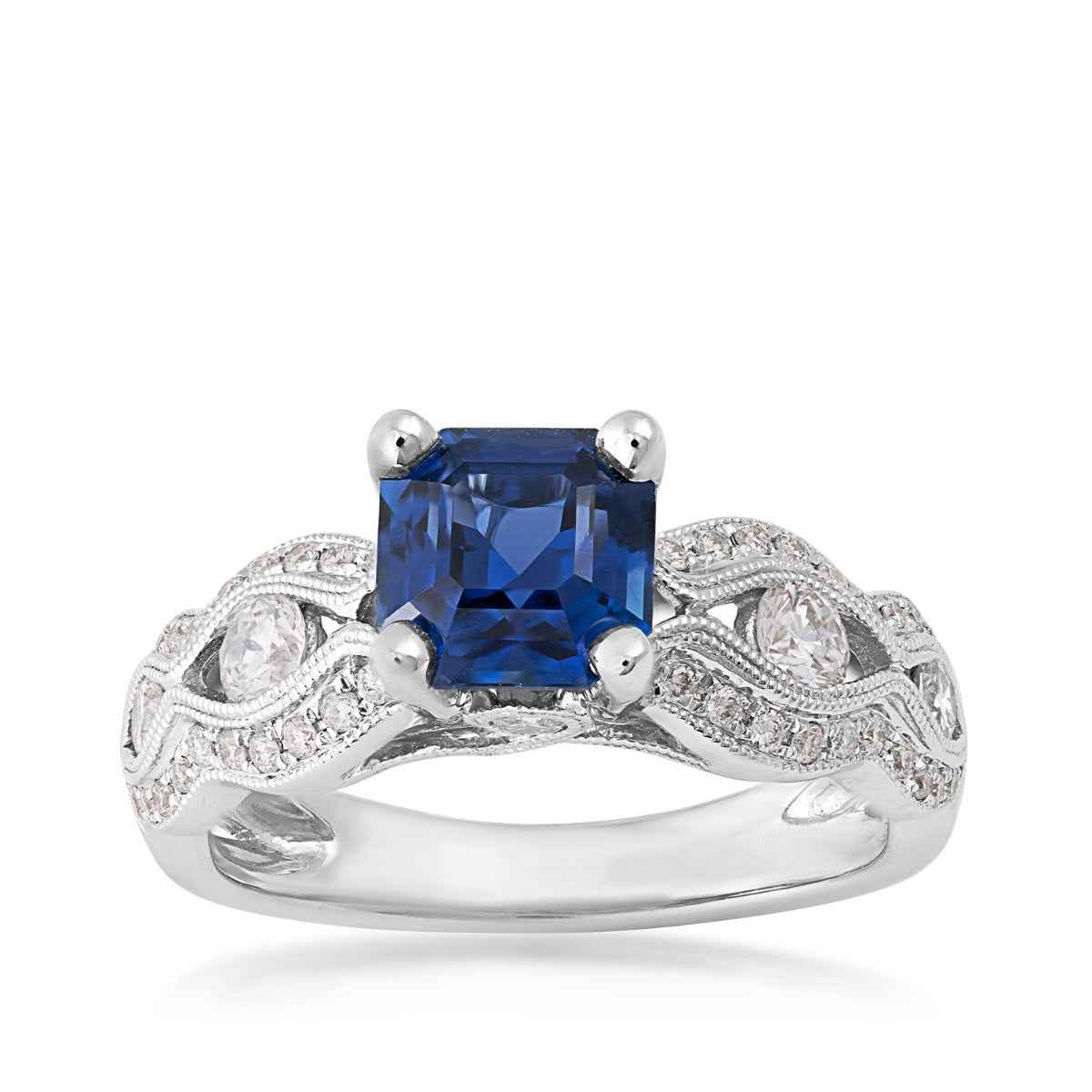 Square Yogo Sapphire & 5/8 ct. tw. Diamond Scalloped Ring in 14K White Gold