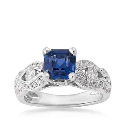Square Yogo Sapphire & 5/8 ct. tw. Diamond Scalloped Ring in 14K White Gold