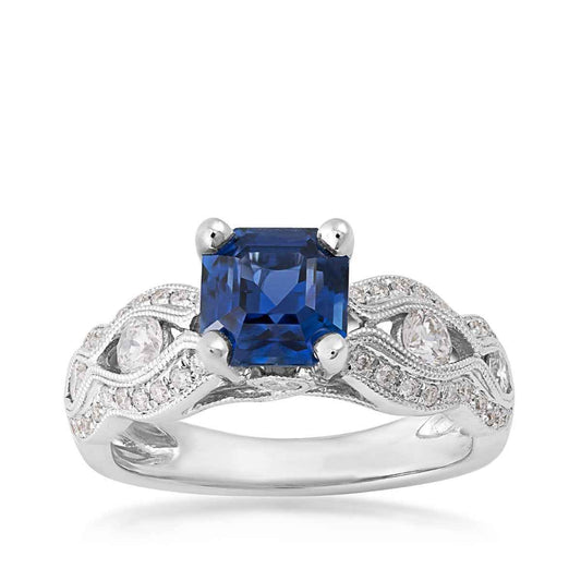 Square Yogo Sapphire & 5/8 ct. tw. Diamond Scalloped Ring in 14K White Gold