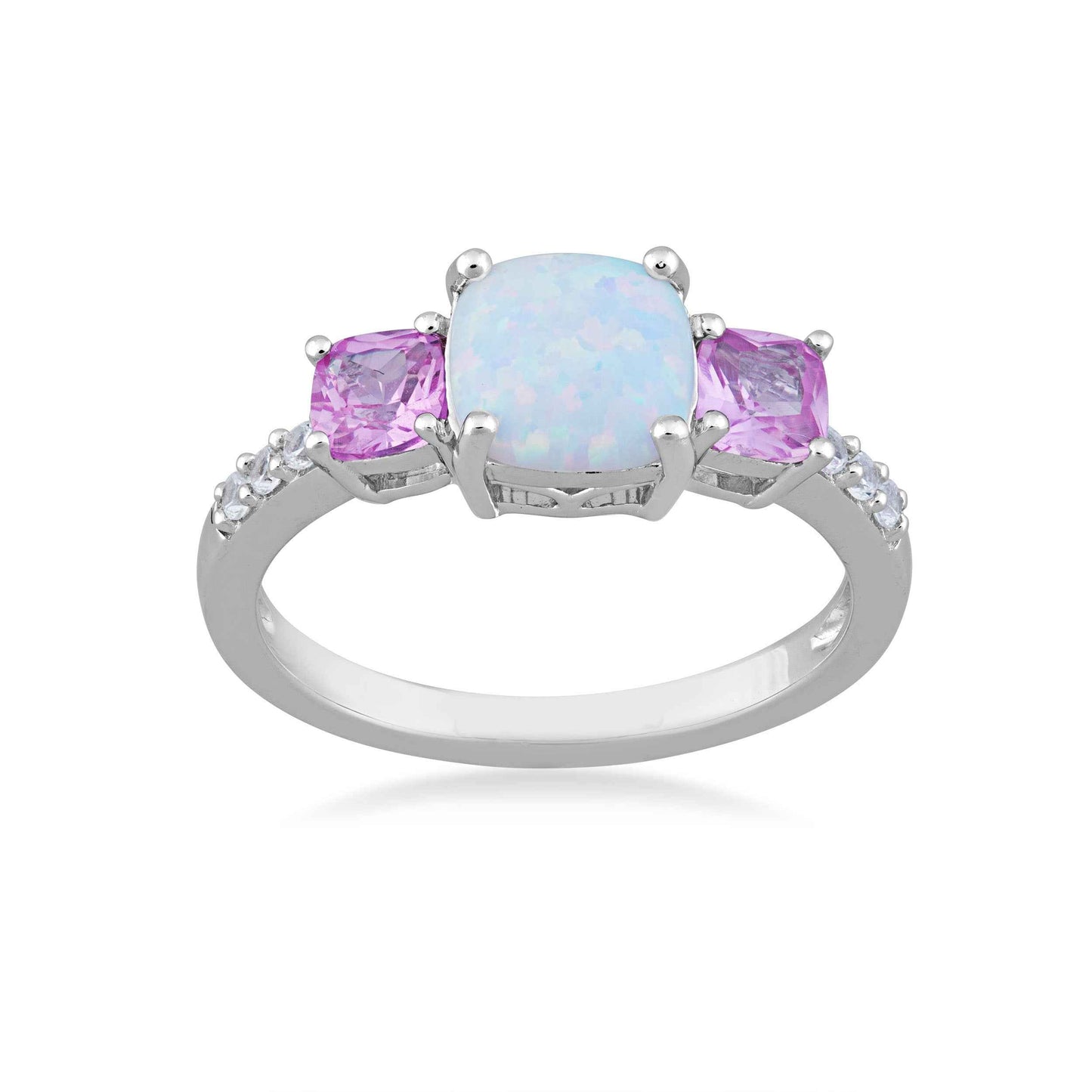 3-Stone Created Cushion Opal & Pink Sapphire Ring with White Sapphire Accents in Sterling Silver