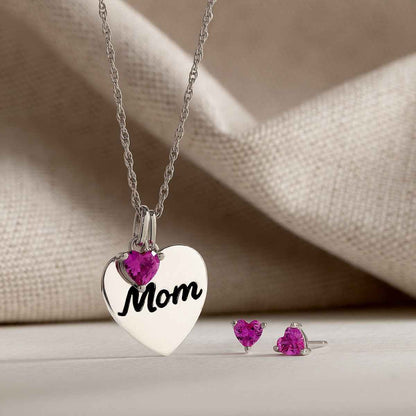Created Heart Pink Sapphire Mom Pendant & Earring Box Set