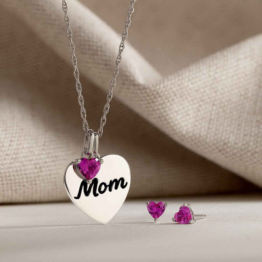 Created Heart Pink Sapphire Mom Pendant & Earring Box Set