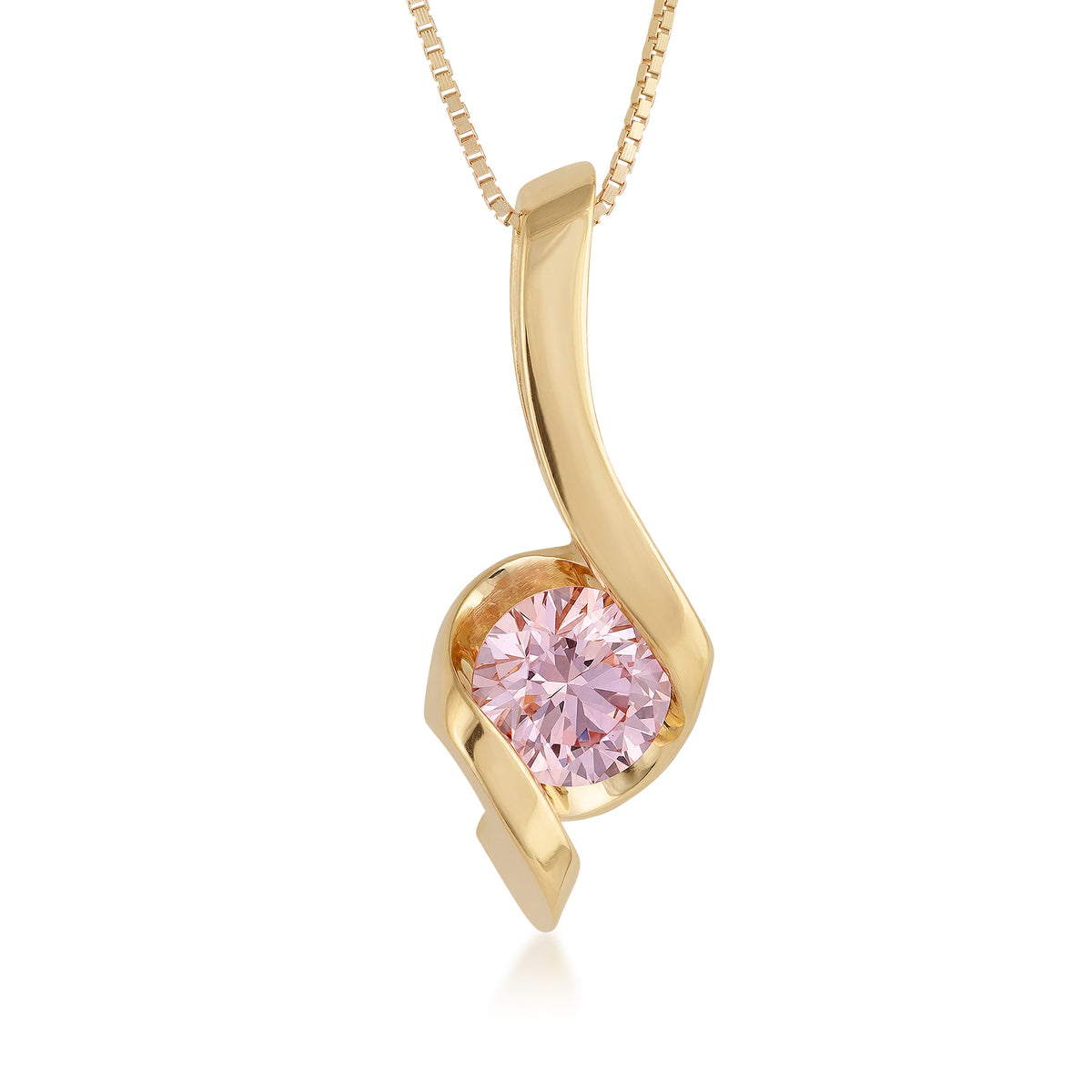 pink round diamond yellow gold Sirena swirl pendant