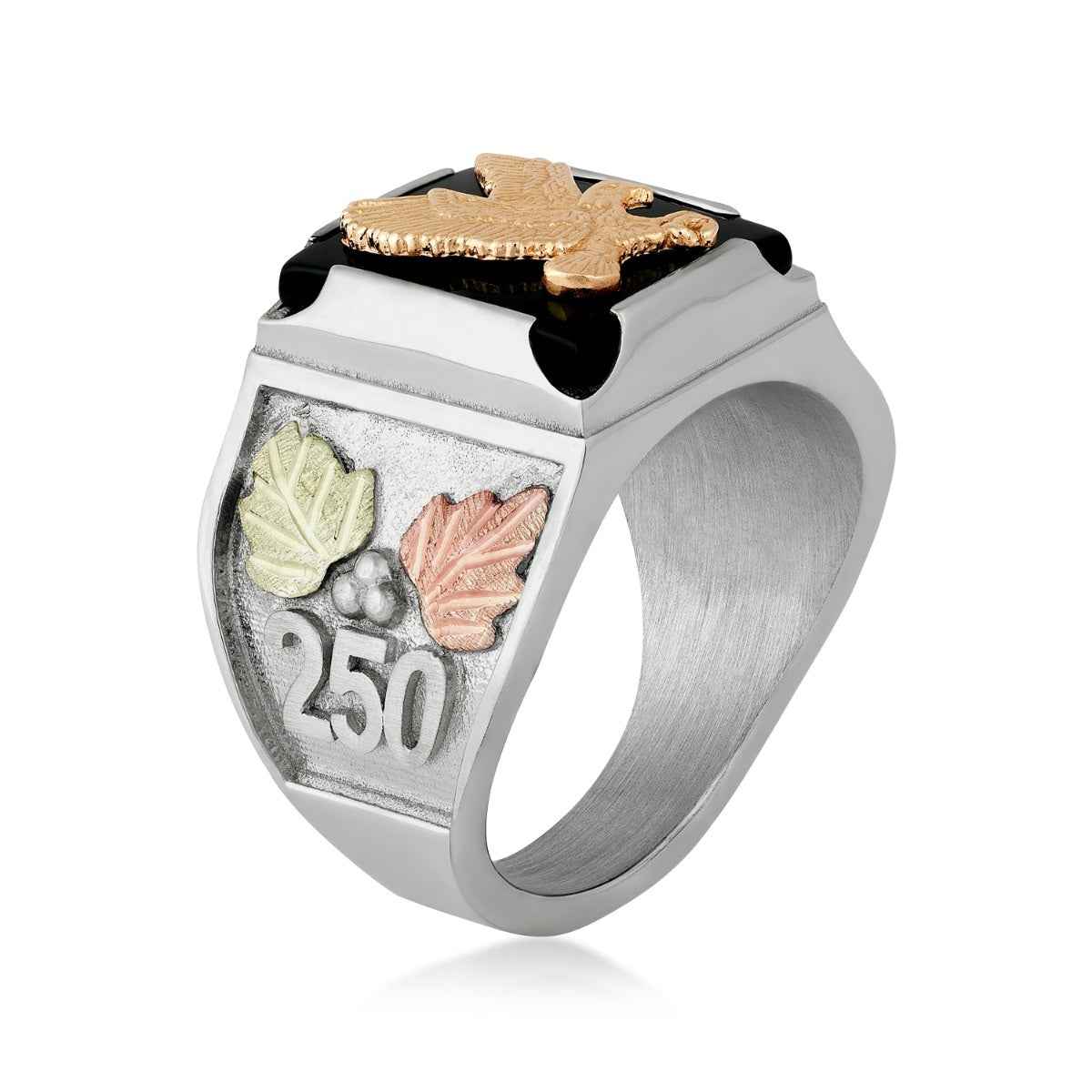 Black Hills Gold Men's Rectangle Onyx 250th USA Eagle Ring in Sterling Silver