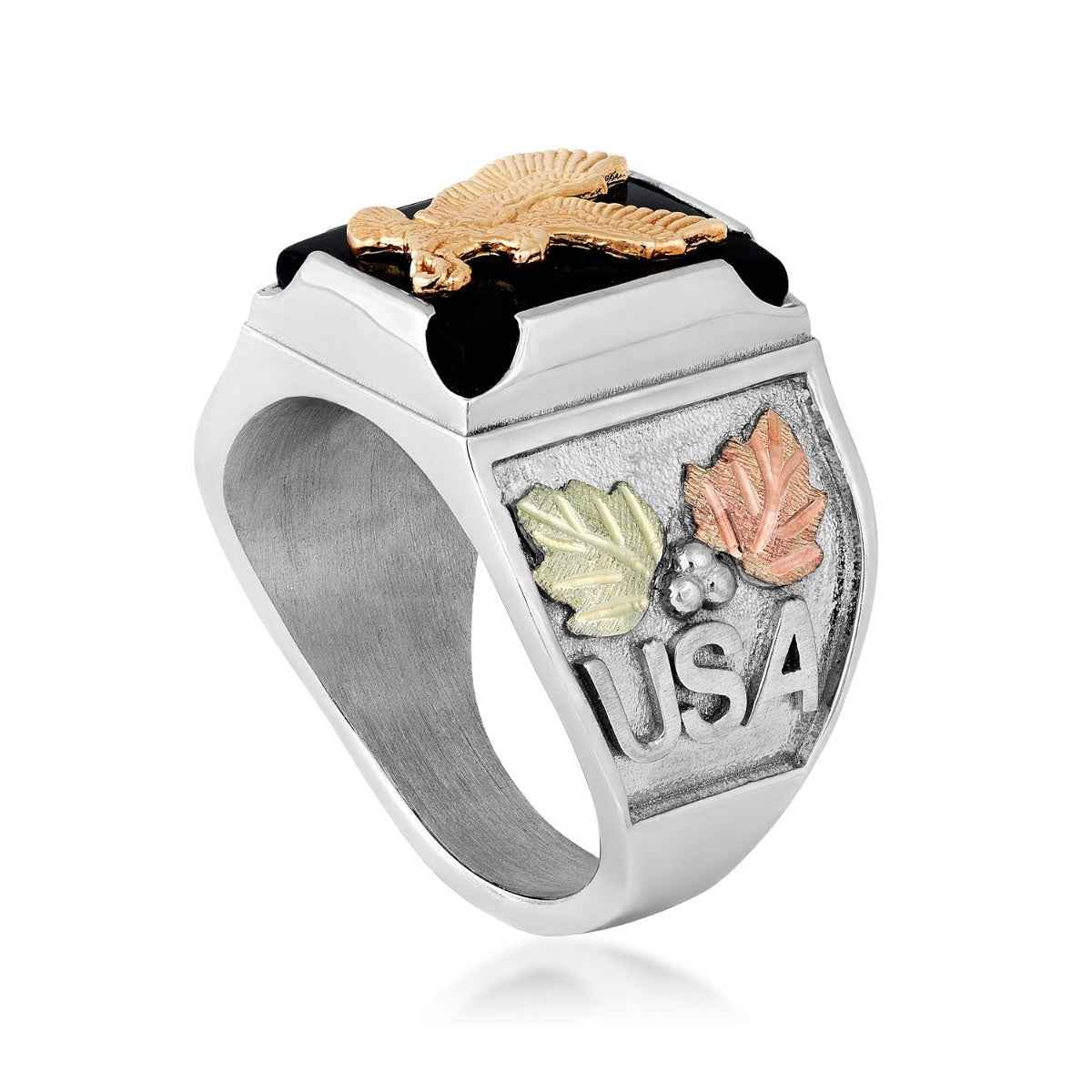 Black Hills Gold Men's Rectangle Onyx 250th USA Eagle Ring in Sterling Silver