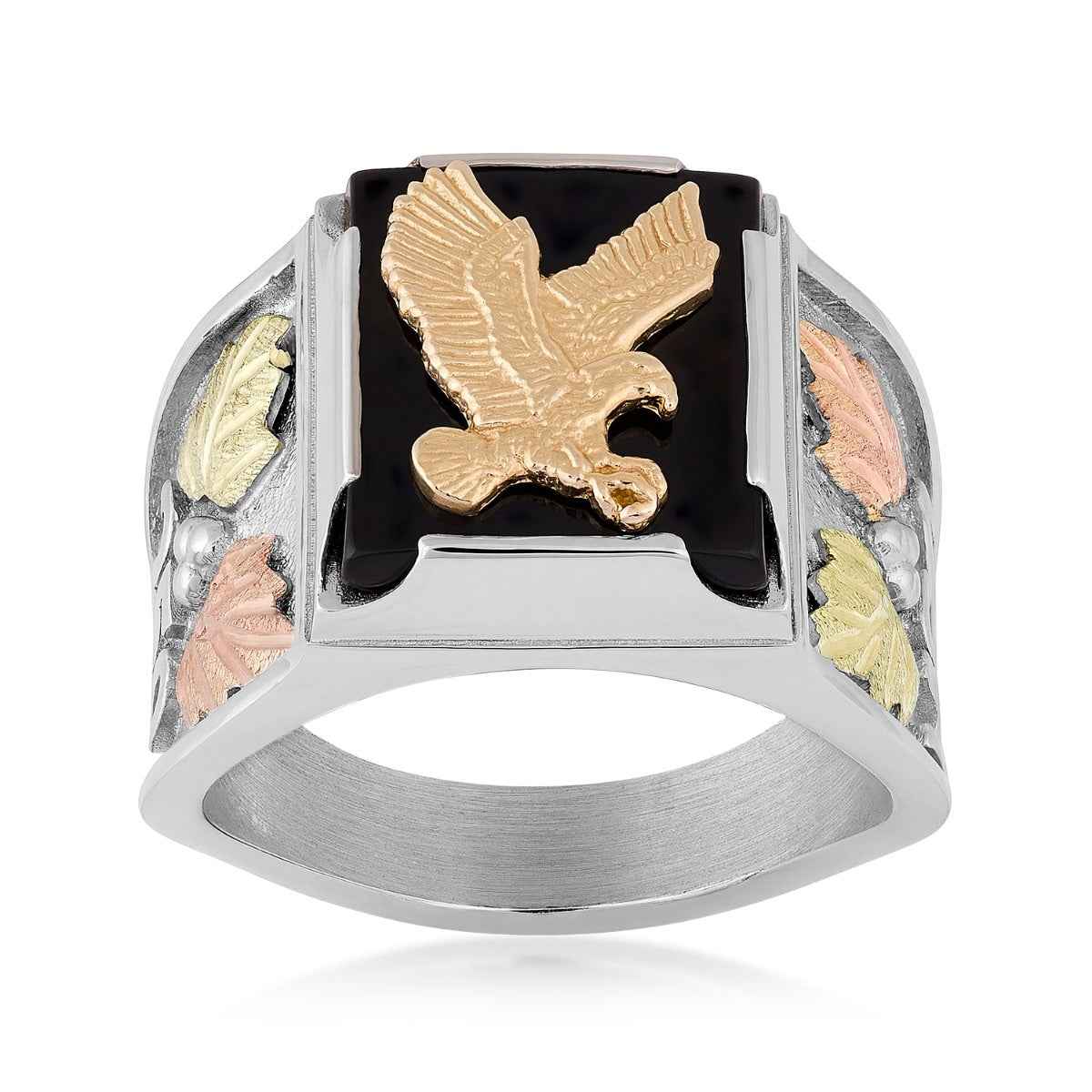 Black Hills Gold Men's Rectangle Onyx 250th USA Eagle Ring in Sterling Silver