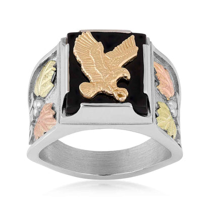 Black Hills Gold Men's Rectangle Onyx 250th USA Eagle Ring in Sterling Silver