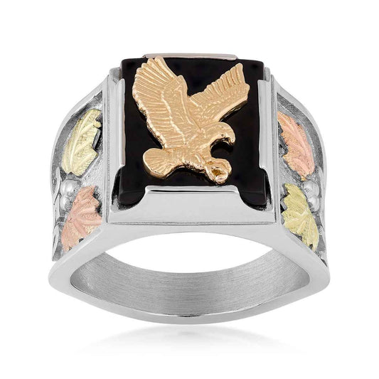 Black Hills Gold Men's Rectangle Onyx 250th USA Eagle Ring in Sterling Silver
