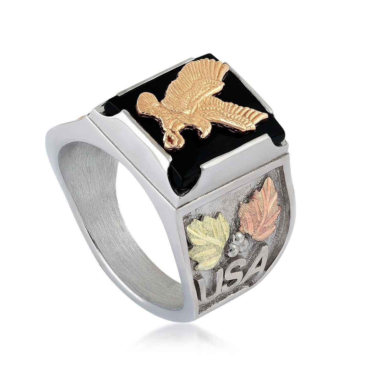 Black Hills Gold Men's Rectangle Onyx 250th USA Eagle Ring in Sterling Silver