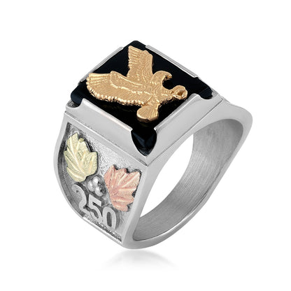 Black Hills Gold Men's Rectangle Onyx 250th USA Eagle Ring in Sterling Silver