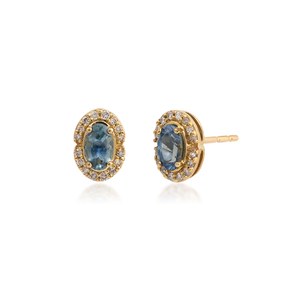oval Montana sapphire diamond halo yellow gold earrings