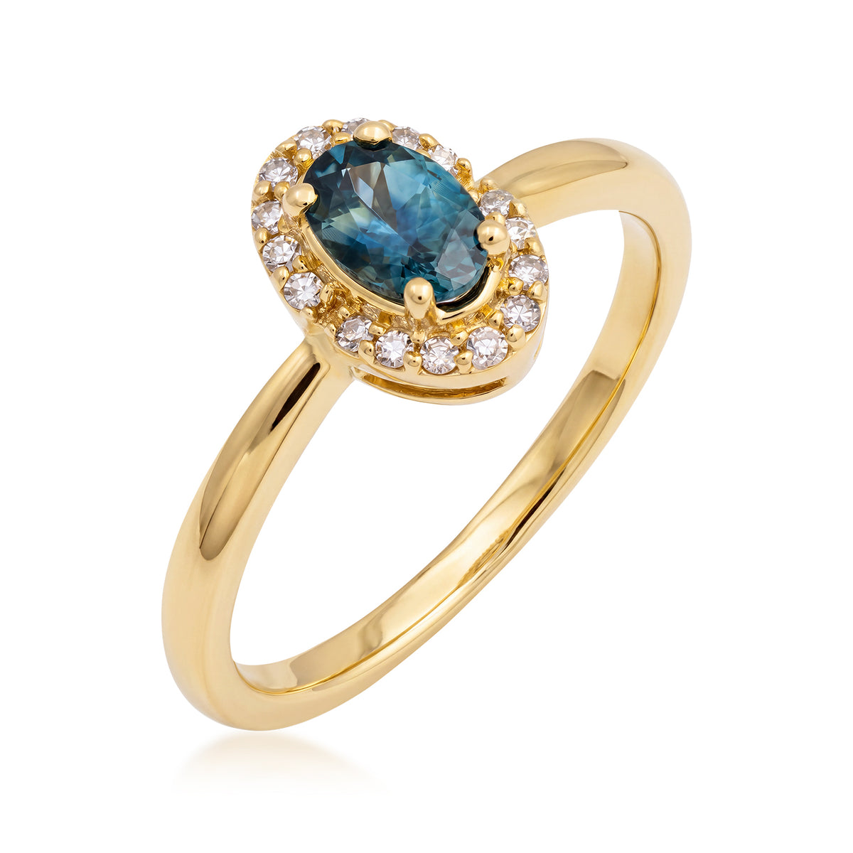 oval Montana sapphire diamond halo yellow gold ring alt