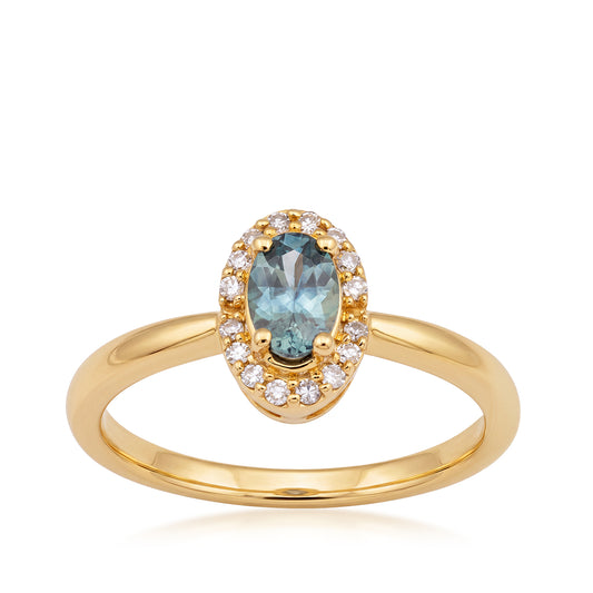 oval Montana sapphire diamond halo yellow gold ring