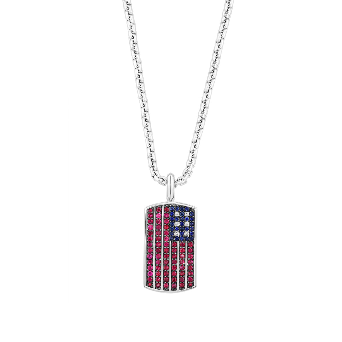 sterling silver men's EFFY American flag dog tag pendant with diamond accent, ruby and sapphire