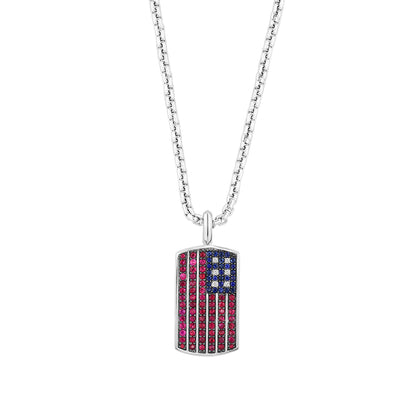 sterling silver men's EFFY American flag dog tag pendant with diamond accent, ruby and sapphire