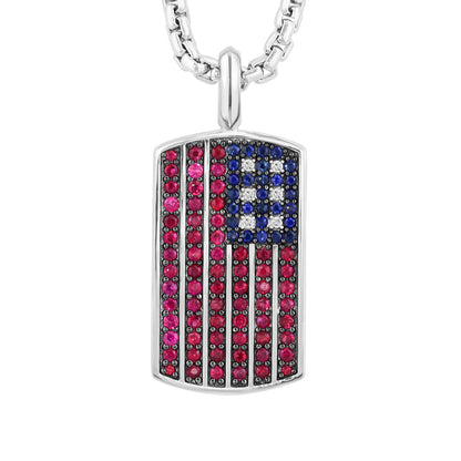 sterling silver men's EFFY American flag dog tag pendant with diamond accent, ruby and sapphire