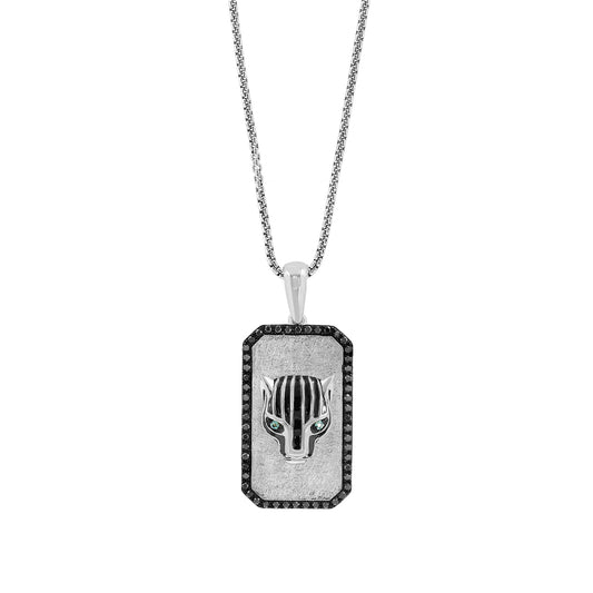 sterling silver men's panther dog tag pendant with 1/4 ct. tw. treated black diamond and emerald