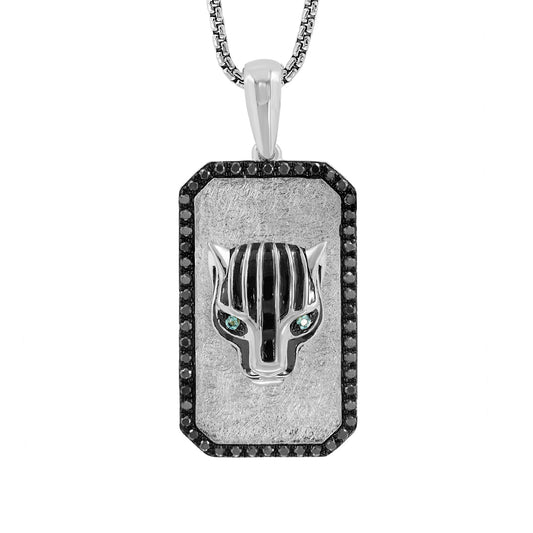 sterling silver men's panther dog tag pendant with 1/4 ct. tw. treated black diamond and emerald