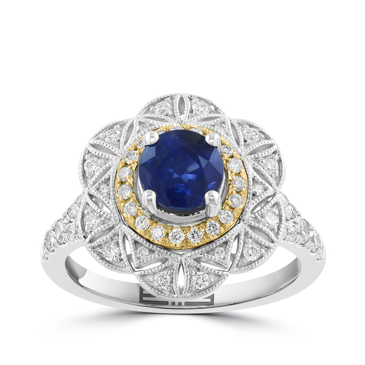 round sapphire 1 ct. diamond flower Effy ring in 14K white gold