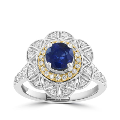 round sapphire 1 ct. diamond flower Effy ring in 14K white gold