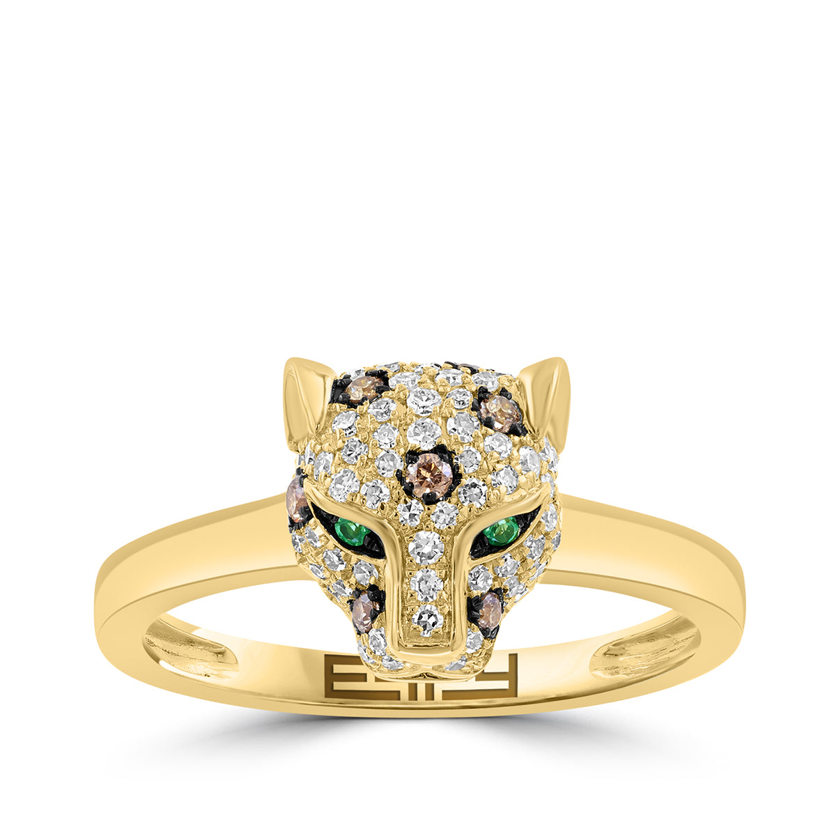 14K yellow gold white and mocha diamond emerald panther Effy ring