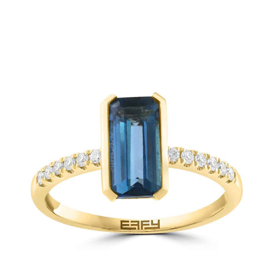 Effy Emerald Cut London Blue Topaz & 1/8 ct. tw. Diamond Ring in 14K Yellow Gold