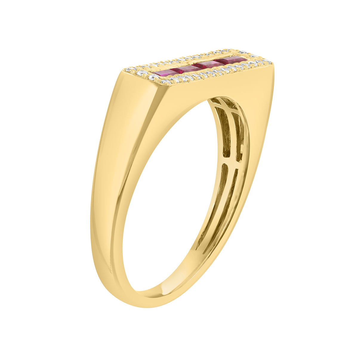 princess cut ruby 1/8 ct. diamond halo Effy signet ring in 14K yellow gold alt
