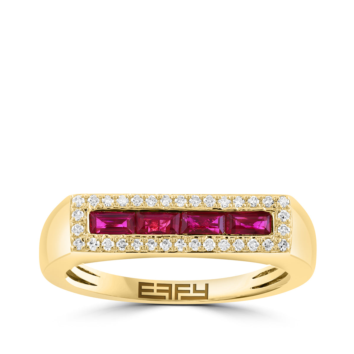 princess cut ruby 1/8 ct. diamond halo Effy signet ring in 14K yellow gold