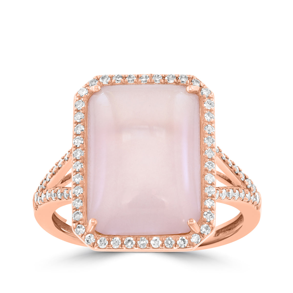 emerald cut rose quartz 1/4 ct. diamond halo Effy ring in 14K pink gold