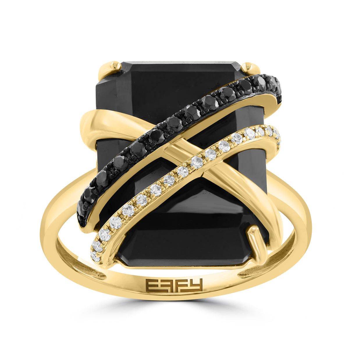 emerald cut black onyx 1/5 ct. white and black diamond Effy crossover ring in 14K yellow gold