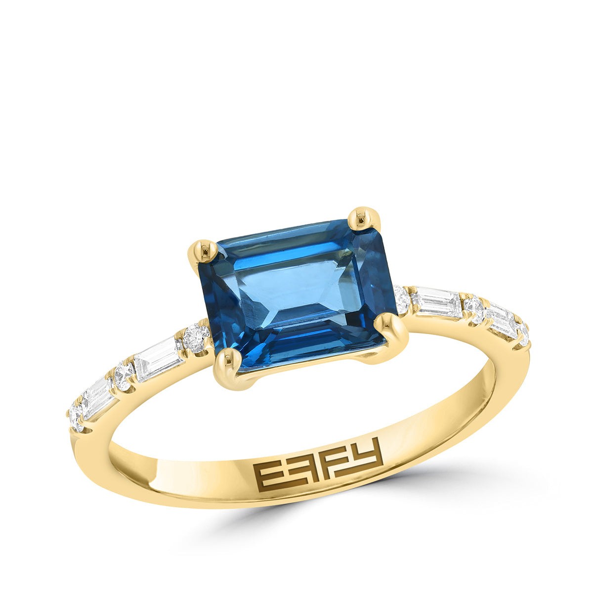 emerald cut London blue topaz 1/7 ct. baguette and round diamond Effy ring in 14K yellow gold alt