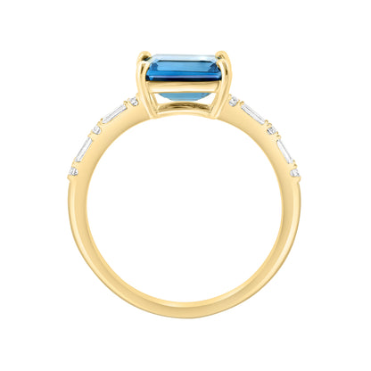 emerald cut London blue topaz 1/7 ct. baguette and round diamond Effy ring in 14K yellow gold alt 2