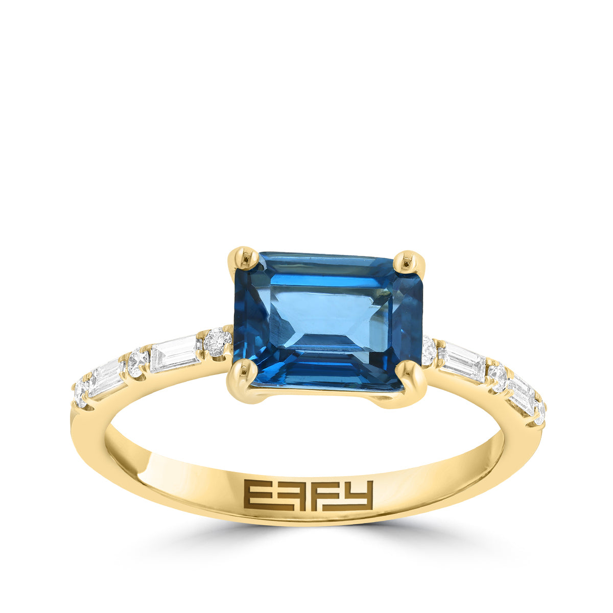 emerald cut London blue topaz 1/7 ct. baguette and round diamond Effy ring in 14K yellow gold