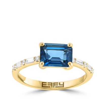 emerald cut London blue topaz 1/7 ct. baguette and round diamond Effy ring in 14K yellow gold