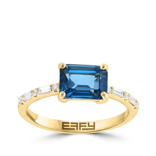 emerald cut London blue topaz 1/7 ct. baguette and round diamond Effy ring in 14K yellow gold