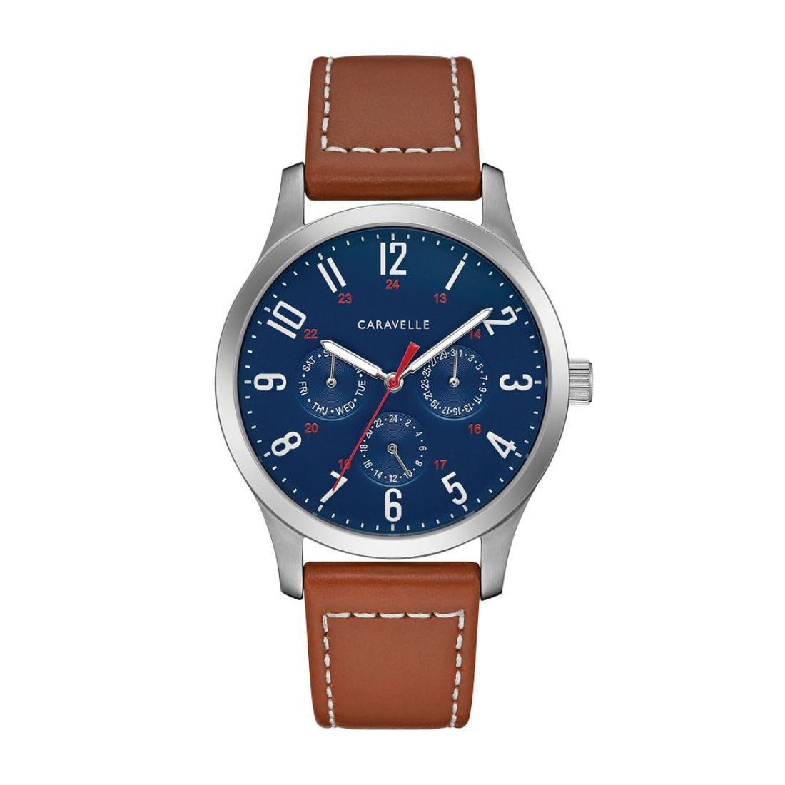 Caravelle Men's Traditional Stainless Steel Watch with Blue Dial & Brown Leather Strap