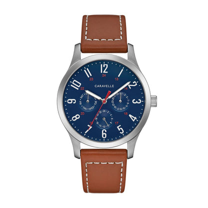 Caravelle Men's Traditional Stainless Steel Watch with Blue Dial & Brown Leather Strap