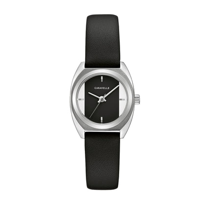 Caravelle Ladies' Sport Stainless Steel Watch with Black Dial & Black Leather Strap