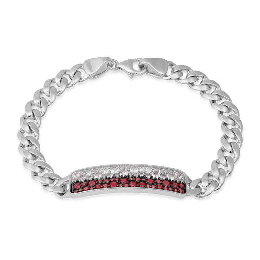 Sterling silver Collegiate Collection men's simulated red and white gemstone dog tag bracelet