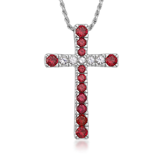 Sterling silver Collegiate Collection men's simulated red and white gemstone cross pendant